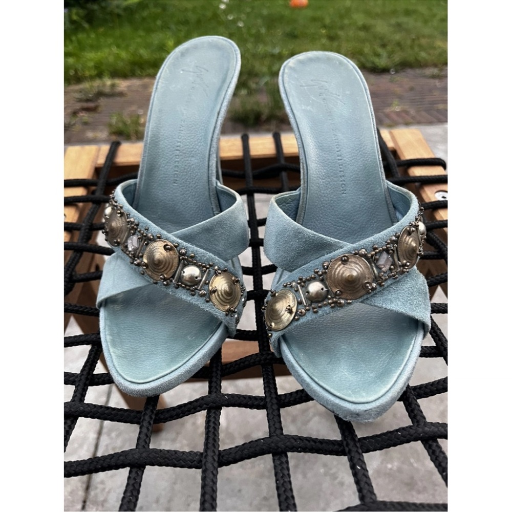 Giuseppe Zanotti Pale Blue Suede Embellished Slide Sandals - Picture 2 of 10